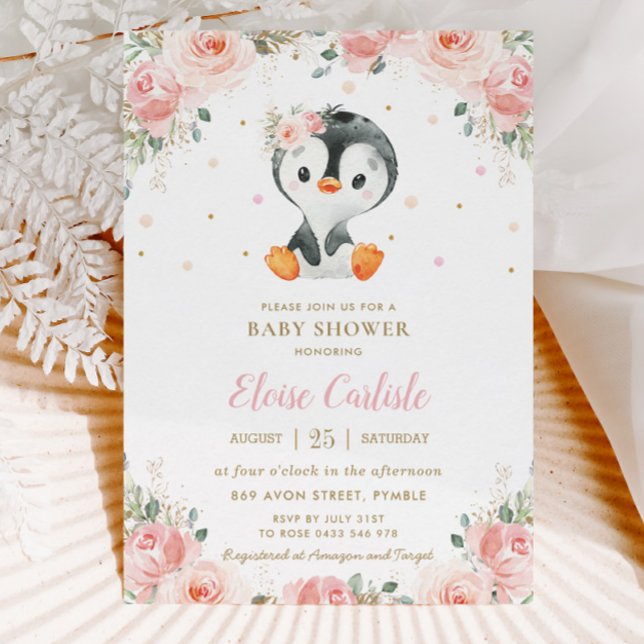 Invitation Adorable Penguin Blush Floral Girl Baby shower (Créateur téléchargé)