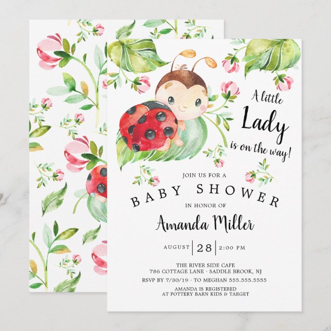Invitation Adorable Petit Baby shower Lady Ladybug (Devant / Derrière)