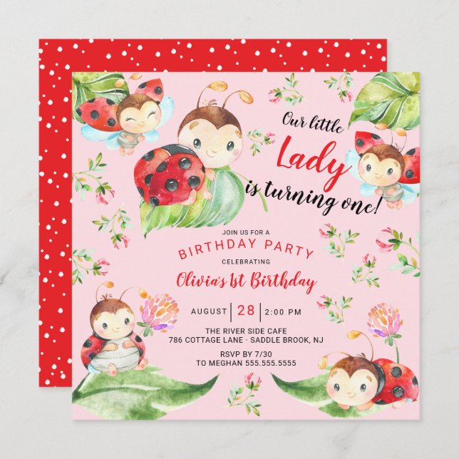Invitation Adorable Petite Dame Ladybug 1er Anniversaire Invi (Devant / Derrière)