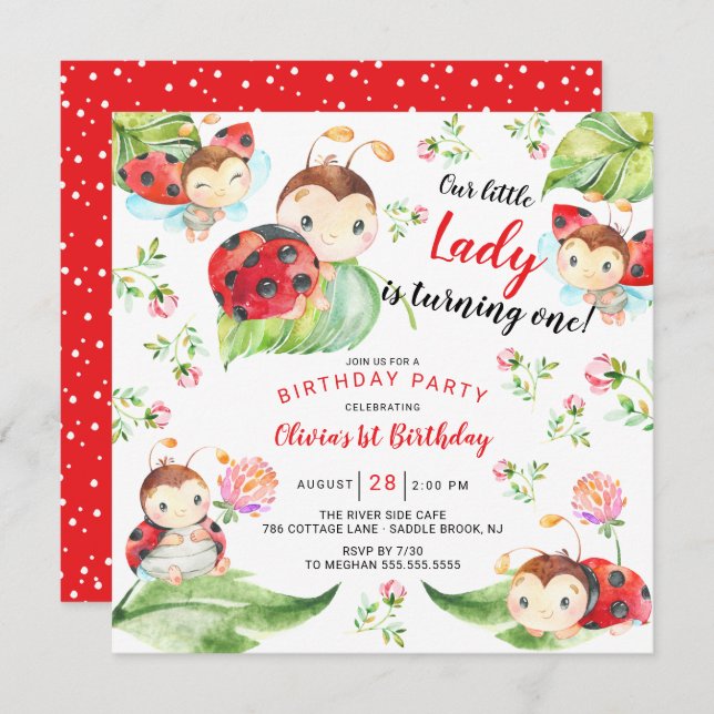 Invitation Adorable Petite Dame Ladybug 1er Anniversaire Invi (Devant / Derrière)