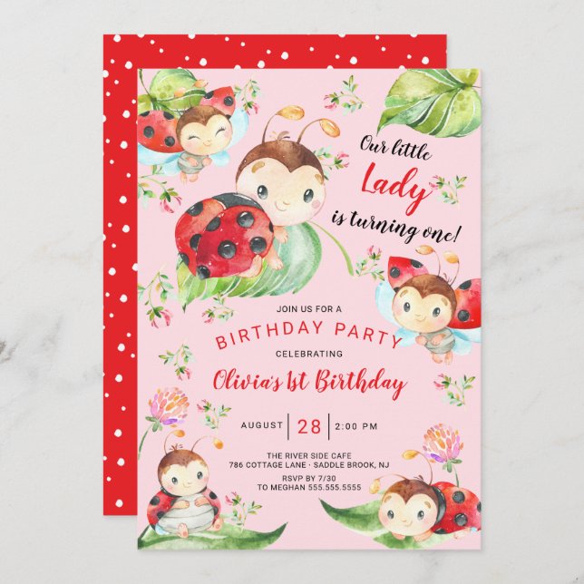 Invitation Adorable Petite Dame Ladybug 1er Anniversaire Invi (Devant / Derrière)