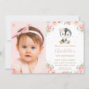 Invitation Adorable Pingouin Blush Floral 1er Anniversaire Ph