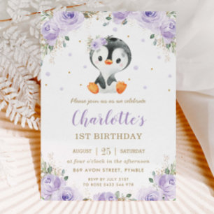 Invitation Adorable Pingouin Purple Floral Girl 1er anniversa