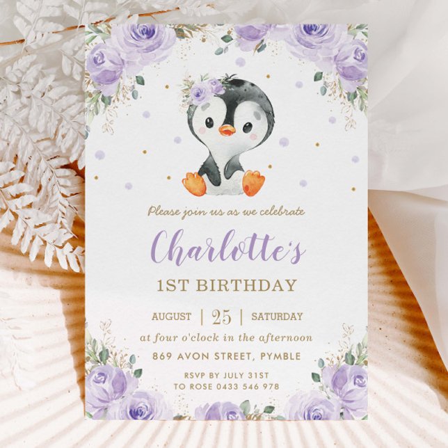 Invitation Adorable Pingouin Purple Floral Girl 1er anniversa (Créateur téléchargé)