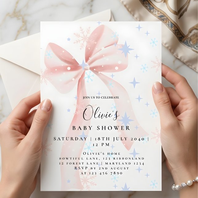 Invitation Adorable Pink Bow & Snowflakes Baby Shower  (Créateur téléchargé)
