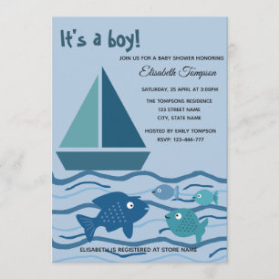 Invitation adorable plaisir marine navire et poissons garçon
