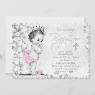 Invitation Adorable Princesse Vintage rose et gris Baptême