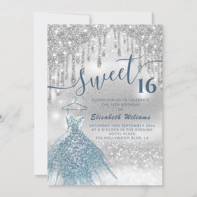 Invitation Adorable robe bleu argent gouttes d'ombre dans (Devant)