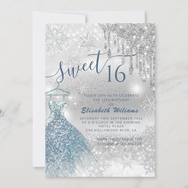 Invitation Adorable robe bleu argent gouttes d'ombre dans (Devant)