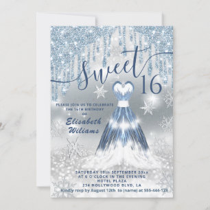 Invitation Adorable robe bleu brillant argent gouttes glitter