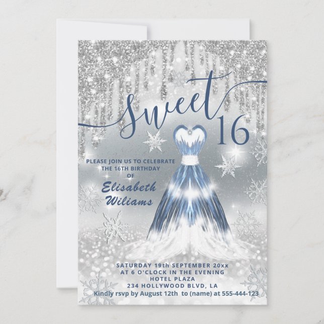Invitation Adorable robe bleu brillant argent gouttes glitter (Devant)