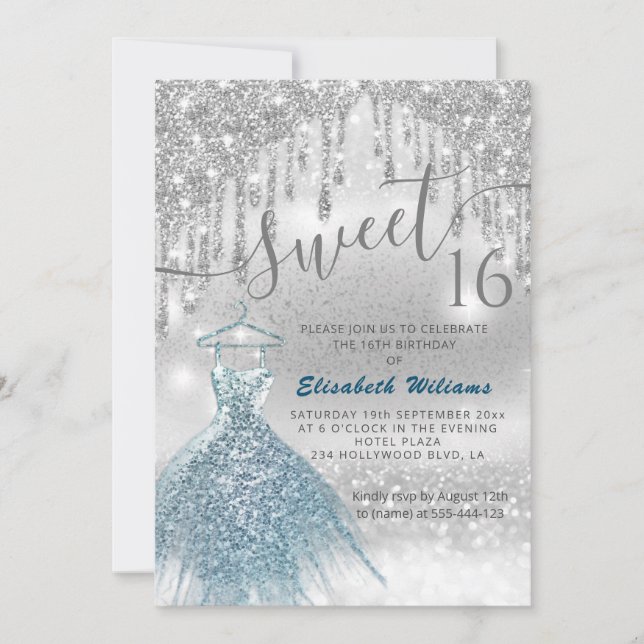 Invitation Adorable robe bleue argent gouttes de glittery omb (Devant)