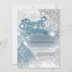 Invitation Adorable robe bleue argent gouttes de glittery omb