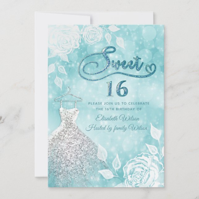 Invitation Adorable robe bokeh blanc roses sweet sixteen (Devant)