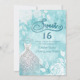 Invitation Adorable robe bokeh blanc roses sweet sixteen