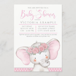 Invitation Adorable rose bébé fille Baby shower éléphant