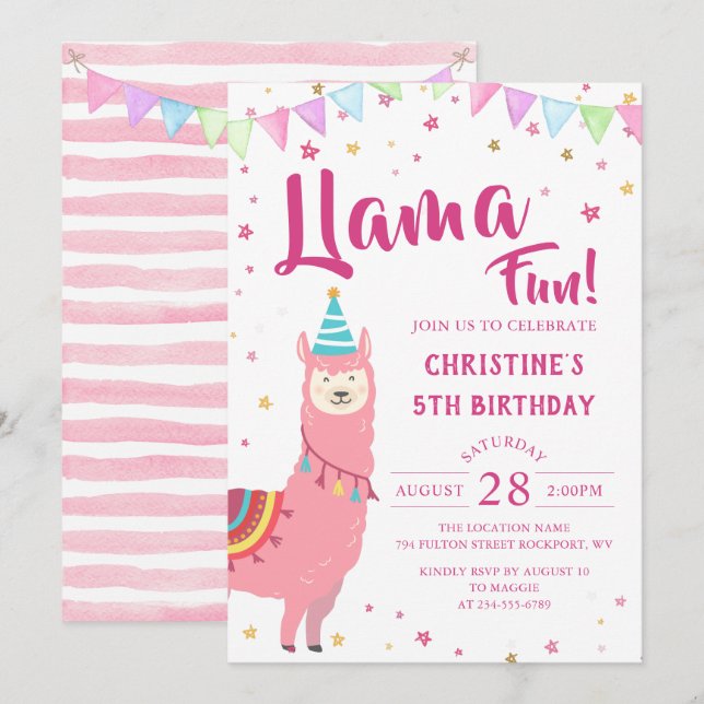 Invitation Adorable rose Llama Amusant Anniversaire Invitatio (Devant / Derrière)