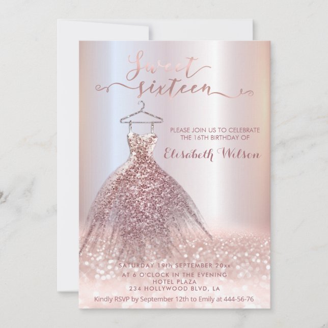 Invitation Adorable Rose or gliterie robe calligraphie (Devant)