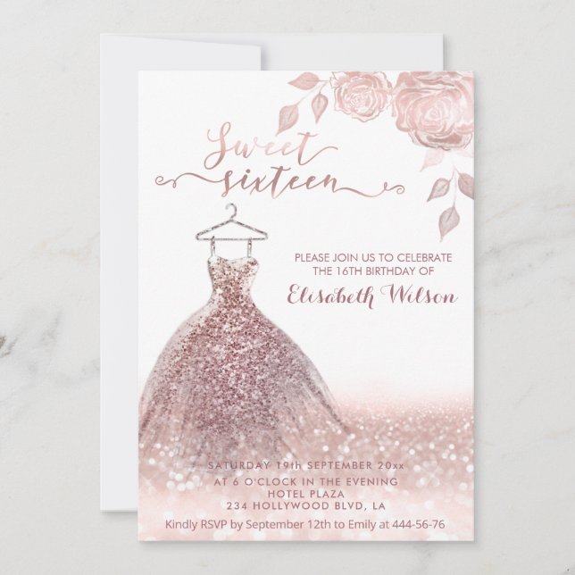 Invitation Adorable Rose or gliterie robe roses (Devant)