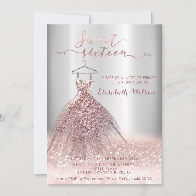 Invitation Adorable Rose or glitterie robe calligraphie Invi (Devant)