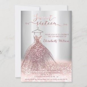 Invitation Adorable Rose or glitterie robe calligraphie Invi