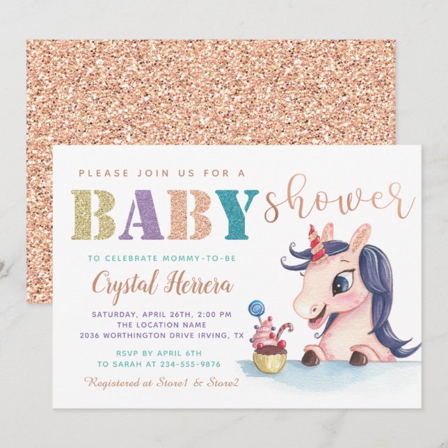 Invitation Adorable Rose Parties scintillant or Baby shower U (Devant / Derrière)