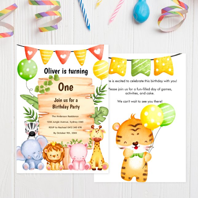 Invitation Adorable Safari Animaux avec signe en bois, Annive (Créateur téléchargé)