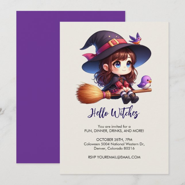 Invitation Adorable sorcière mignonne avec 2 oiseaux, Hallowe (Devant / Derrière)