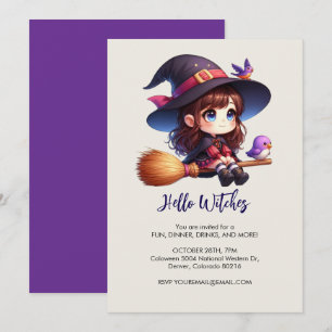 Invitation Adorable sorcière mignonne avec 2 oiseaux, Hallowe