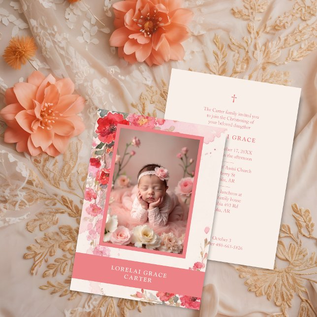 Invitation Adorable Sweet Pastel Coral Floral Photo Baptism  (Adorable Sweet Pastel Coral Floral Illustration Baptism Invitation Card with Baby Photo.)