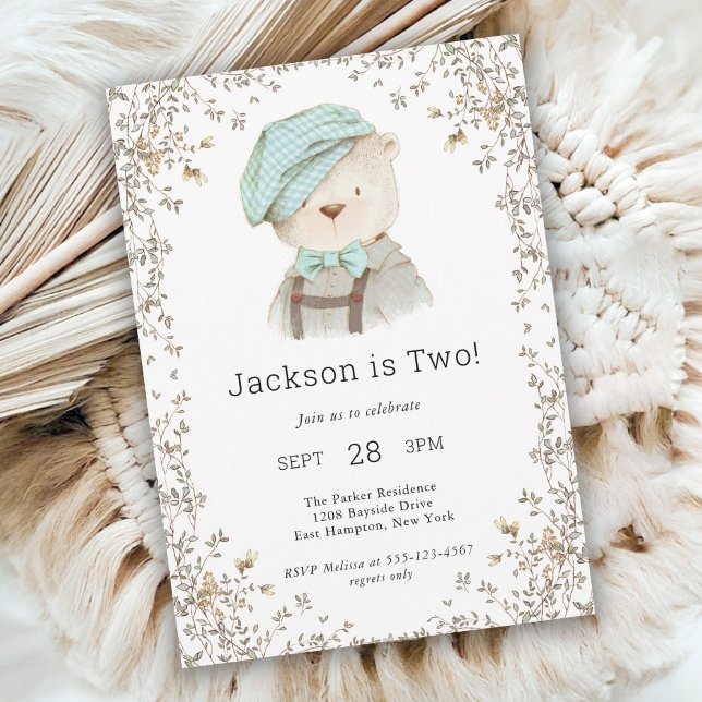 Invitation Adorable Teddy Bear Boy's Second Birthday Party (Available in both printed and instant download digital formats.)