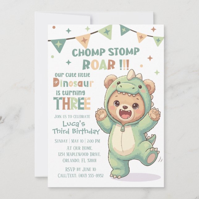Invitation Adorable Teddy Bear Dino | Third Dinosaur Birthday (Devant)