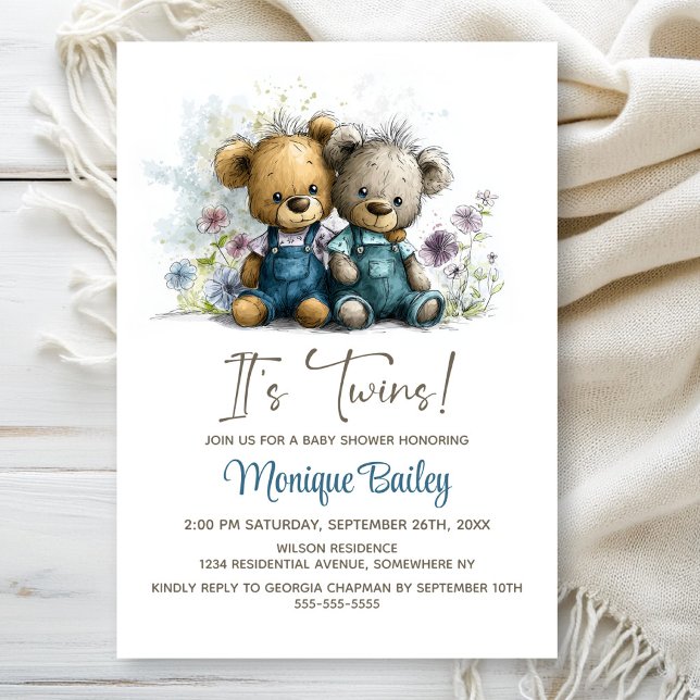 Invitation Adorable Teddy Bear Twins Baby Shower (Créateur téléchargé)
