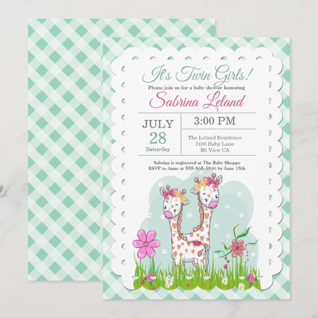 Invitation Adorable Twin Girls Giraffes Baby shower (Devant / Derrière)