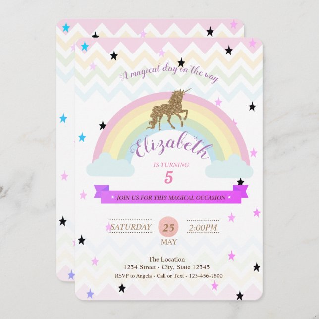 Invitation Adorable Unicorn, Rainbow Stars Anniversaire Invit (Devant / Derrière)