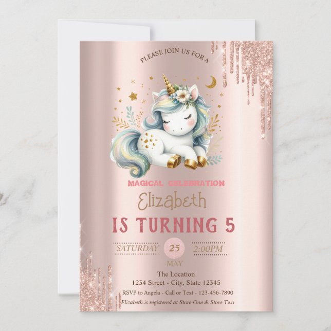 Invitation Adorable Unicorn, Rose Gold Drives Anniversaire (Devant)