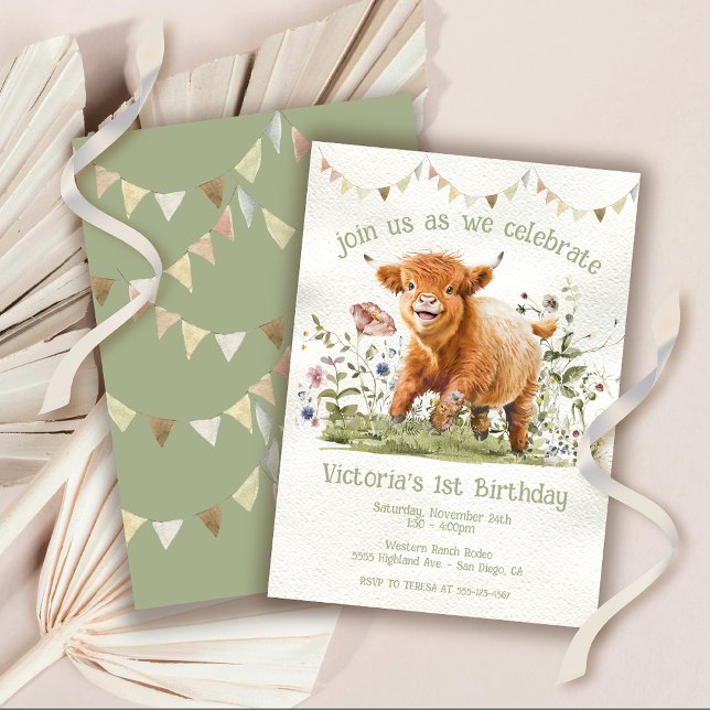 Invitation Adorable vache Highland 1er Anniversaire Fête Invi (Créateur téléchargé)