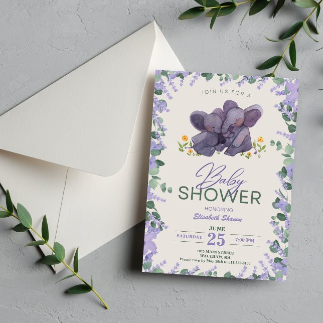 Invitation Adorable violet et vert floral éléphant Showe bébé (Adorable Purple & Green Floral Elephant Baby Showe Invitation)