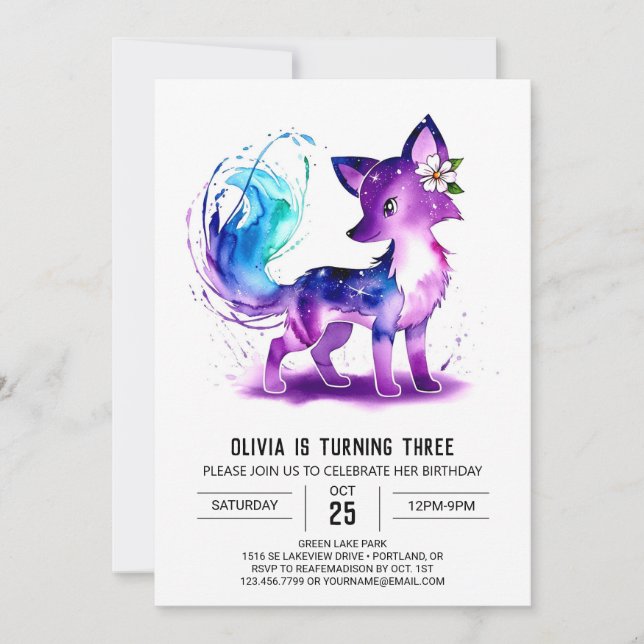 Invitation Adorable Woodland Fox Digital Girl Anniversaire (Devant)