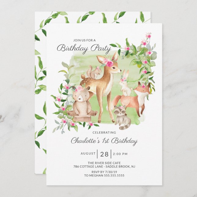 Invitation Adorable Woodland Friends Girls 1er anniversaire (Devant / Derrière)