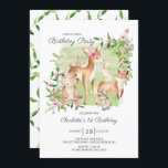 Invitation Adorable Woodland Friends Girls 1er anniversaire<br><div class="desc">Super mignonne aquarelle bois forêt amis invitation fête d'anniversaire avec le cerf le plus doux,  écureuil,  renard,  lapin,  raton laveur & ours. Peut également être utilisé pour un 2ème,  3ème et 4ème anniversaire.</div>