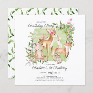 Invitation Adorable Woodland Friends Girls 1er anniversaire
