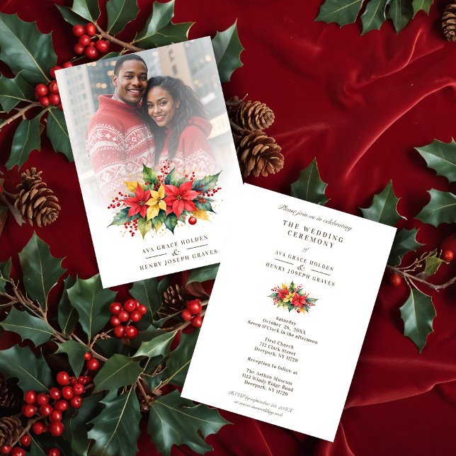 Invitation Adorned Christmas Floral Garland Poinsettias Photo (Adorned Christmas Botanical Floral Garland Poinsettias Photo Wedding Invitations Cards. )