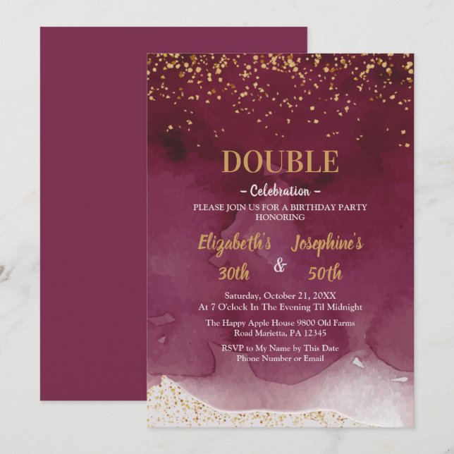 Invitation Adult Joint Birthday Party | Purple Gold Glitter (Devant / Derrière)