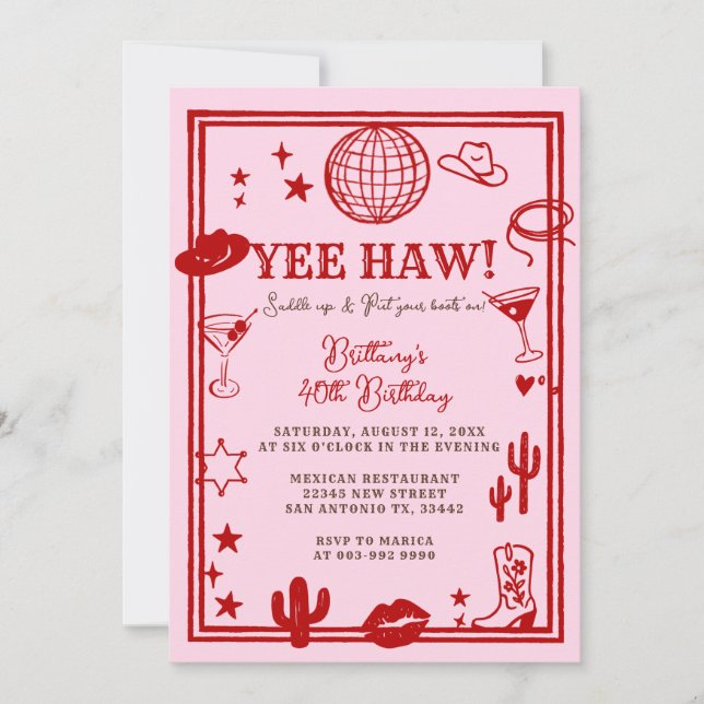 Invitation Adult Rose Red Cowgirl Occidentale Anniversaire (Devant)