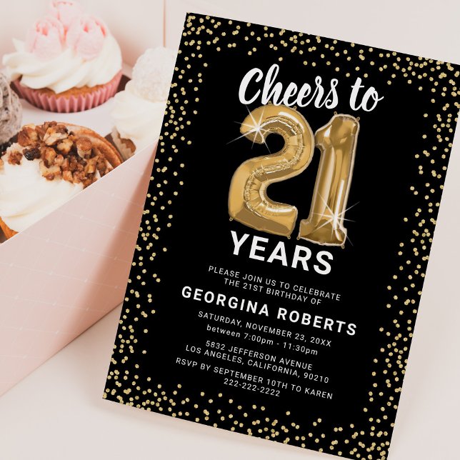 Invitation Adulte 21e anniversaire Black Gold (Créateur téléchargé)