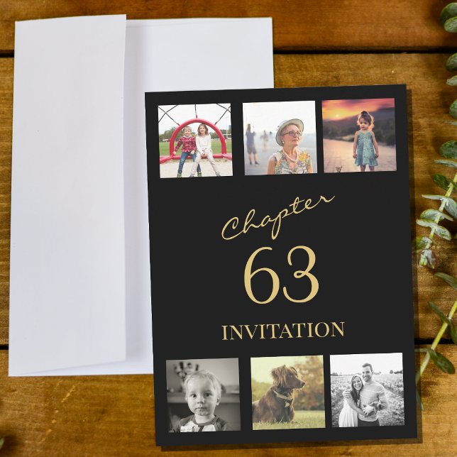 Invitation Adulte 6 Photo Noir Et Or N'Importe Quel Âge Anniv (Black and gold birthday party invitation for any age. Your favorite 6 photos in a collage template.)