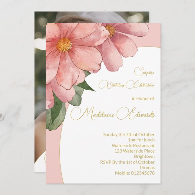 Invitation Adulte Anniversaire Photo Pink Gold Élégant Floral (Devant / Derrière)
