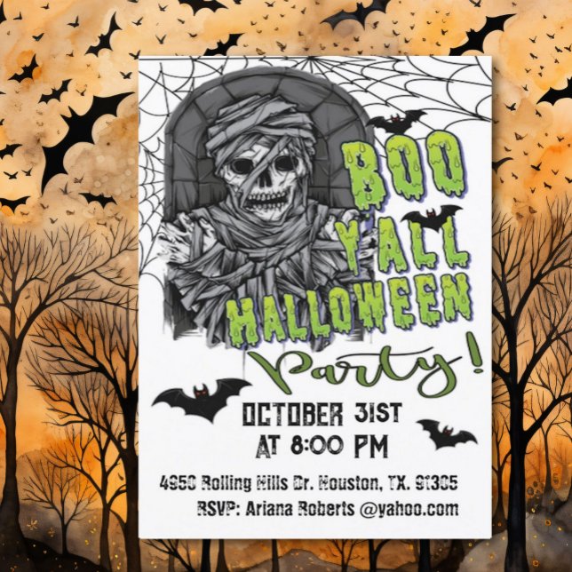 Invitation Adulte Boo Y'all Skeleton Mummy Halloween Party (Créateur téléchargé)
