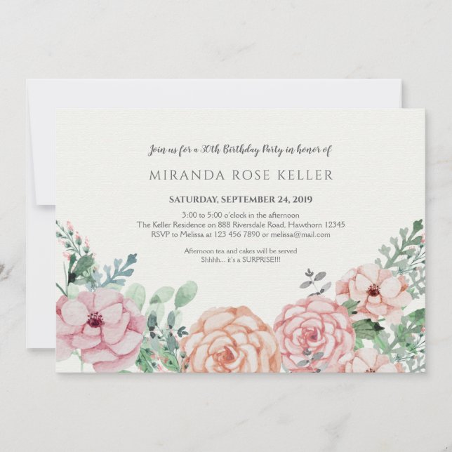 Invitation adulte florale vintage d'anniversaire (Devant)